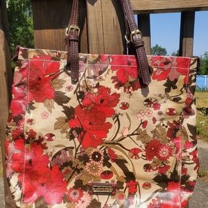Sakroots large red and brown fall floral tote zippered lining